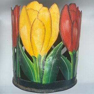 Vintage Hand Painted Metal Tulip Pot Holder Folk Art Floral Cachepot